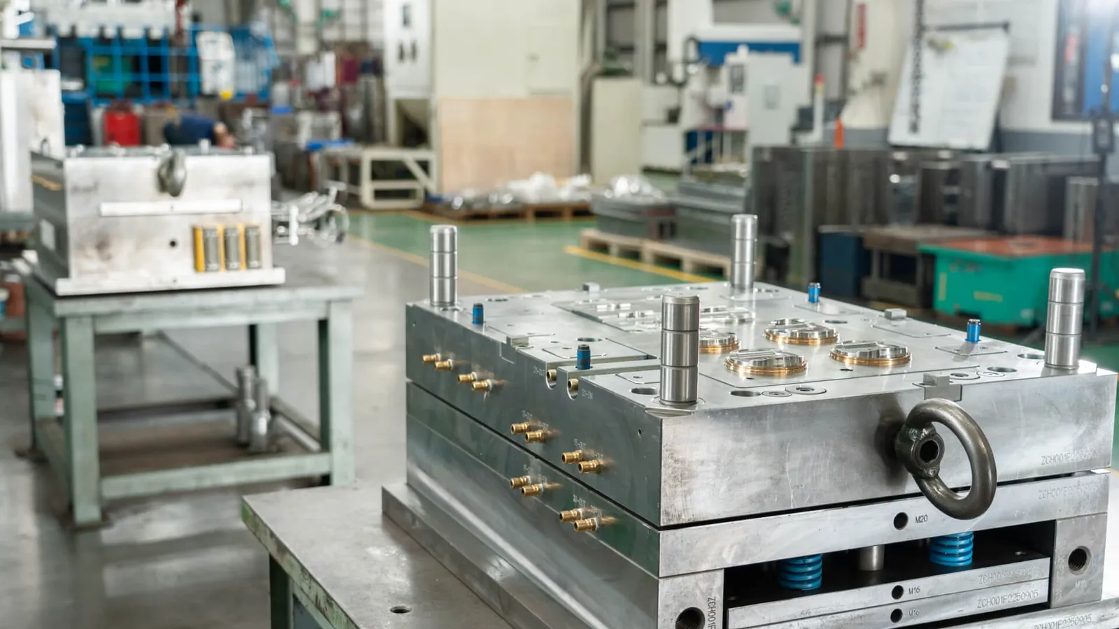 Finished injection mold tooling staged for export to the molder
