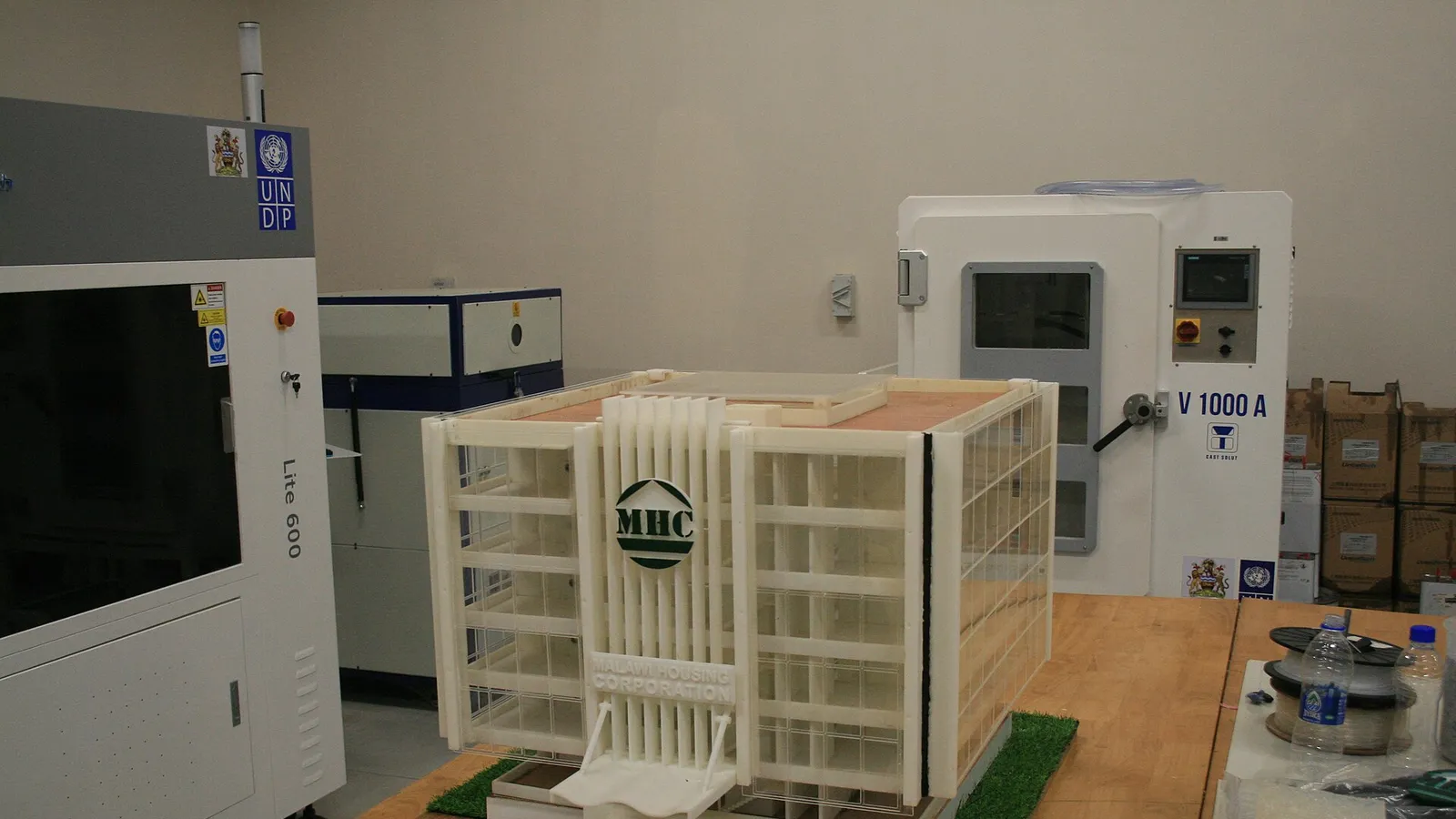 3D-printed lattice frame standing on a lab bench