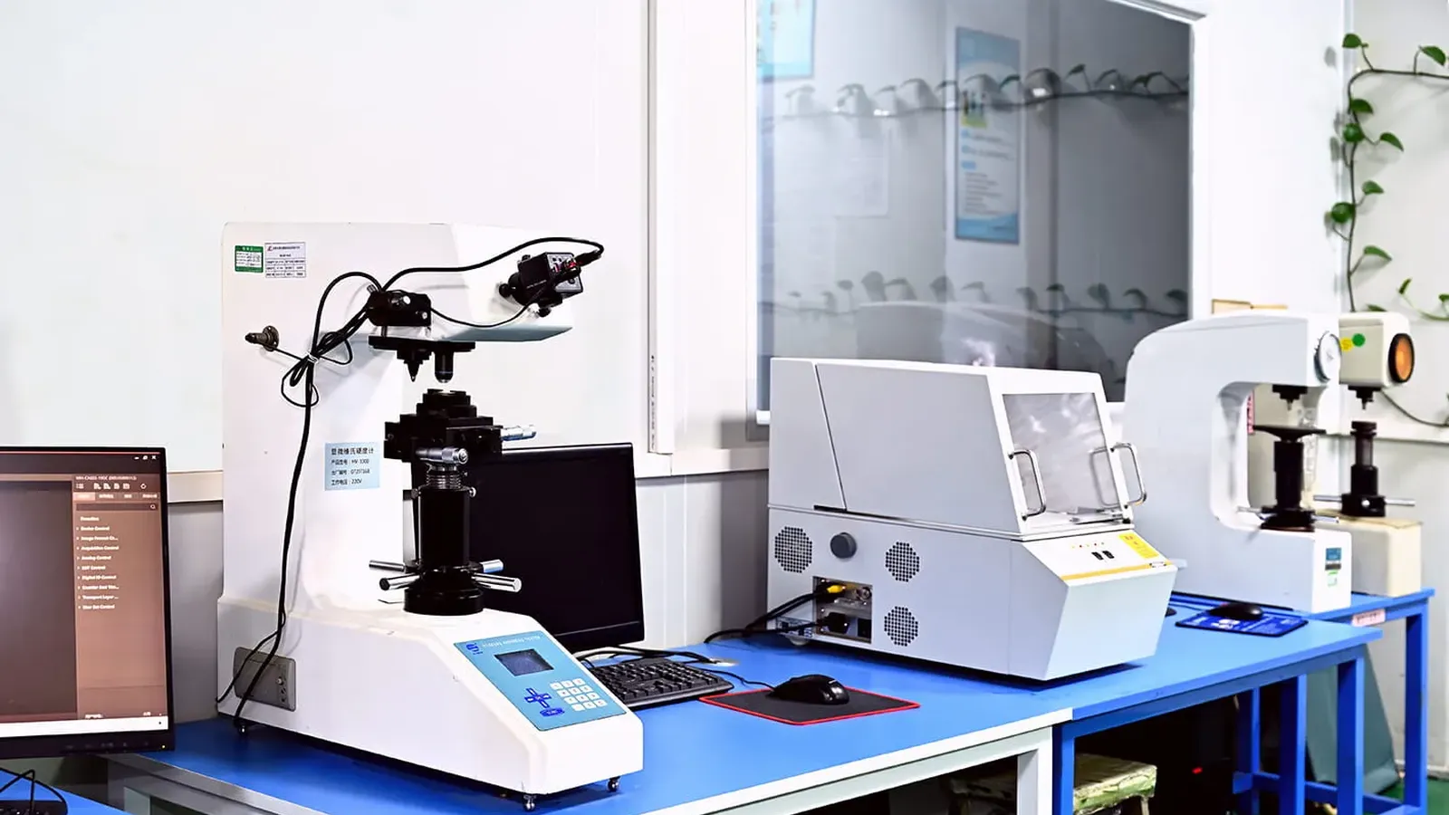 Vickers hardness tester set up on the materials lab bench